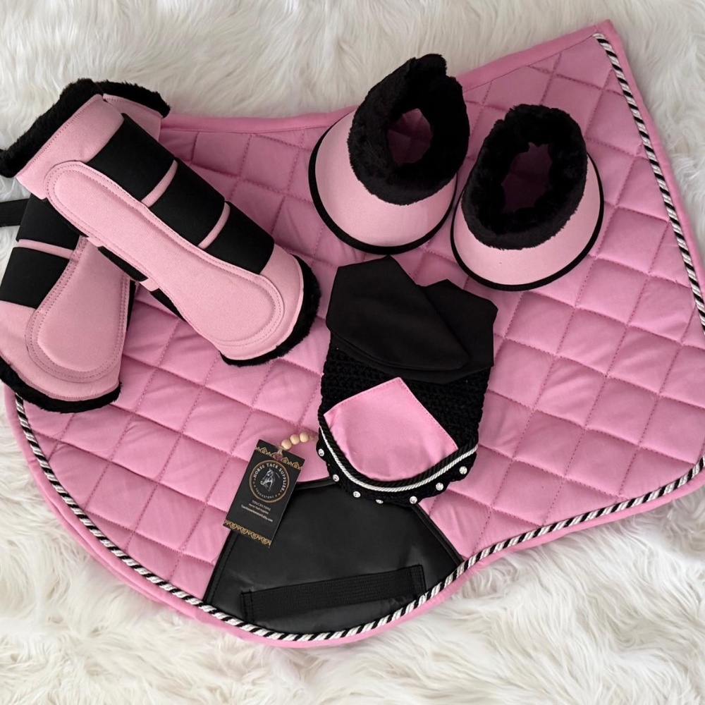 Baby Pink Saddle pad, Fly veil, Brushing Boots and bell boots
